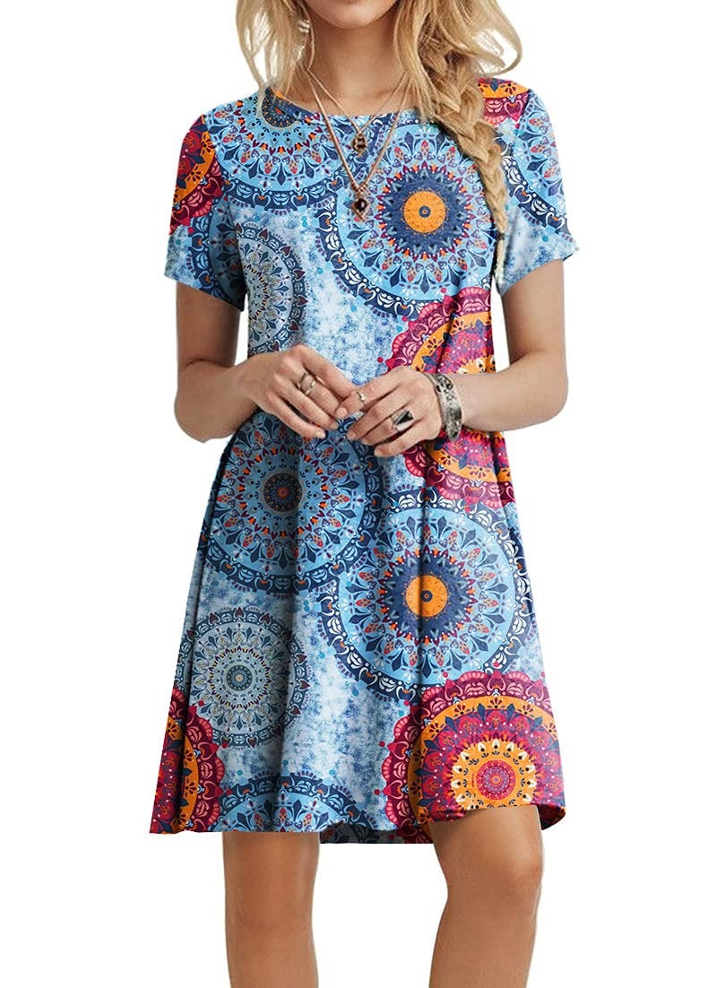 POPYOUNG 2026 Women's Summer Casual T-Shirt Dresses Crew Neck Beach Cover Up Sun Dress Medium, Floral Mixed Blue - Image 1